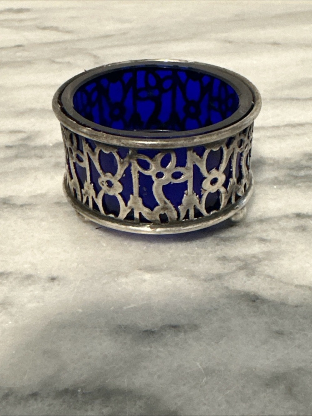 Antique sterling silver with cobalt blue glass insert salt cellar